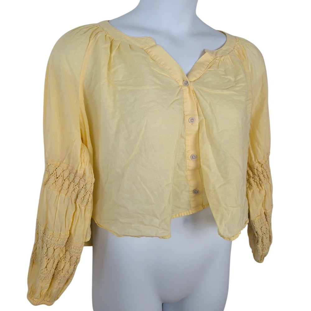 Cropped Peasant Cotton Top Crochet‎ Lace Sleeve Pastel Yellow